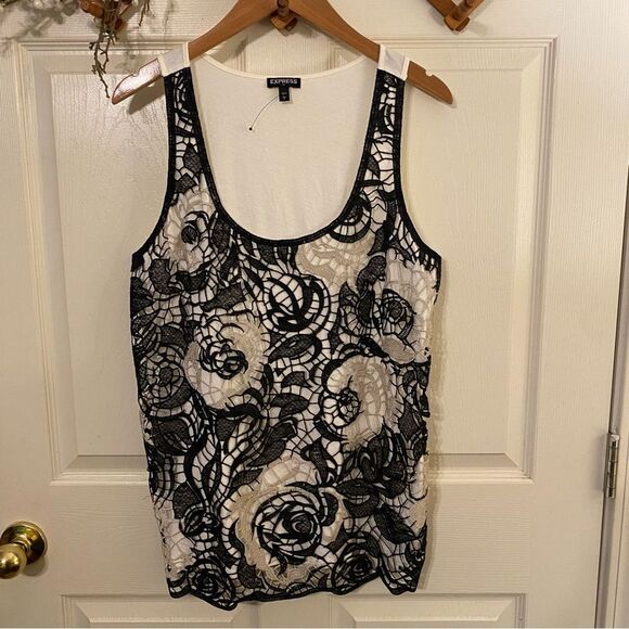 Express Black and White Sequin Fitted Sleeveless Tank Top - Picture 1 of 7